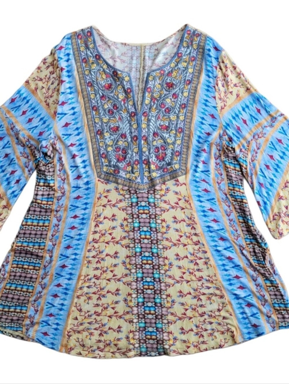 Boho Embroidered V-Neck Tunic in Blue & Soft Yellow